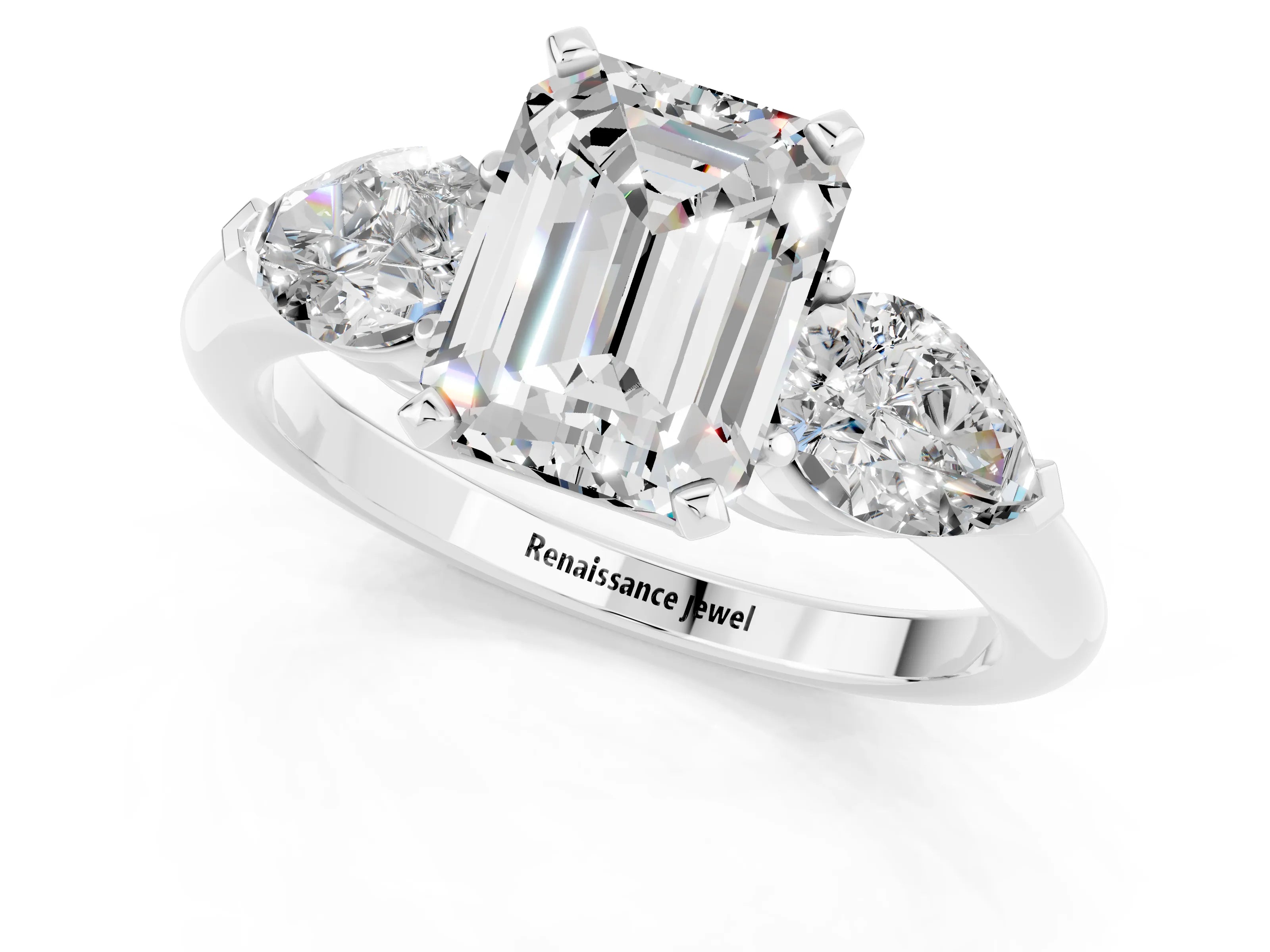 White gold Three-Stone Emerald Cut Moissanite Ring with Pear Side Stones and Four-Prong Setting_1