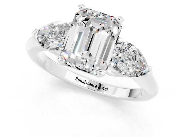 Platinum Three-Stone Emerald Cut Moissanite Ring with Pear Side Stones and Four-Prong Setting
