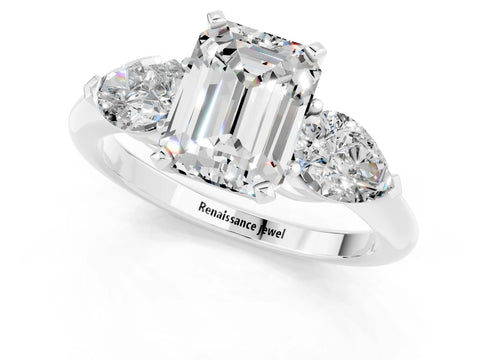 White gold Three-Stone Emerald Cut Moissanite Ring with Pear Side Stones and Four-Prong Setting_1