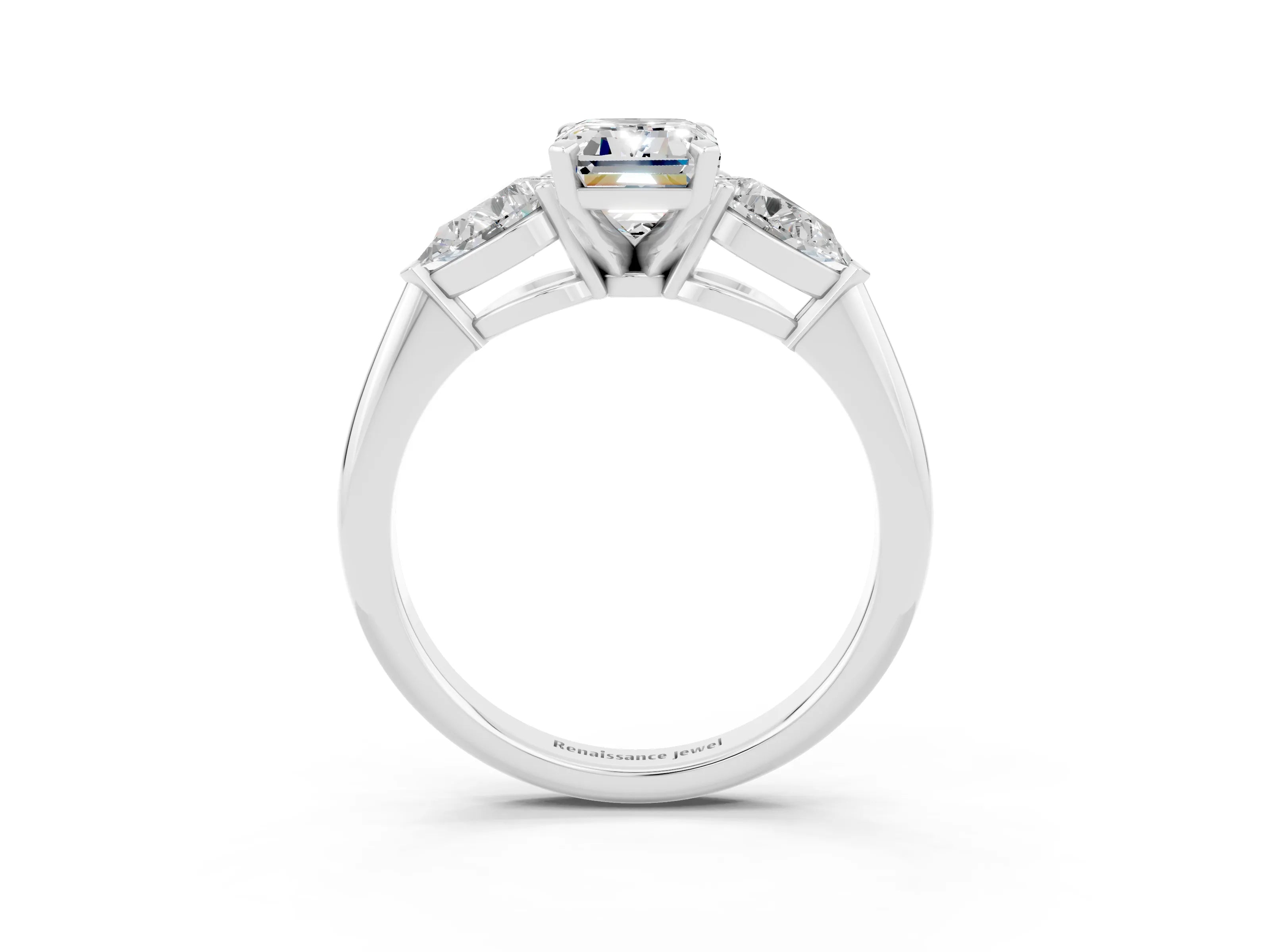 White gold Three-Stone Emerald Cut Moissanite Ring with Pear Side Stones and Four-Prong Setting_3
