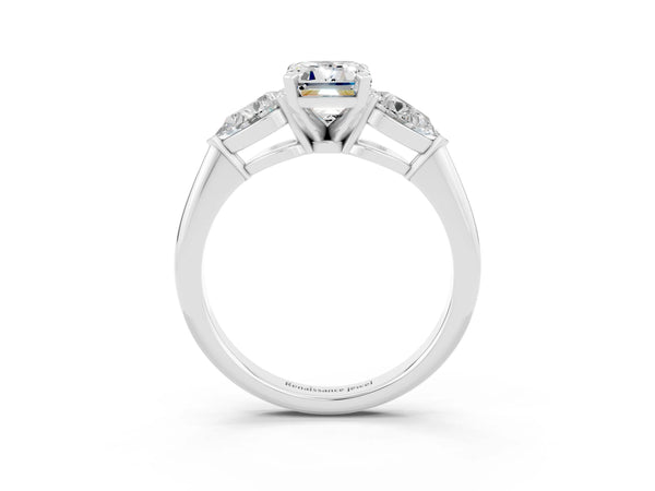 Silver Three-Stone Emerald Cut Moissanite Ring with Pear Side Stones and Four-Prong Setting