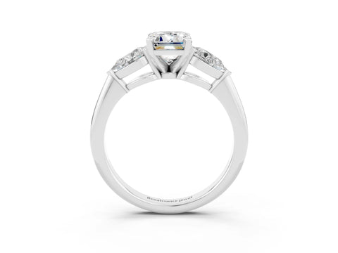 White gold Three-Stone Emerald Cut Moissanite Ring with Pear Side Stones and Four-Prong Setting_3