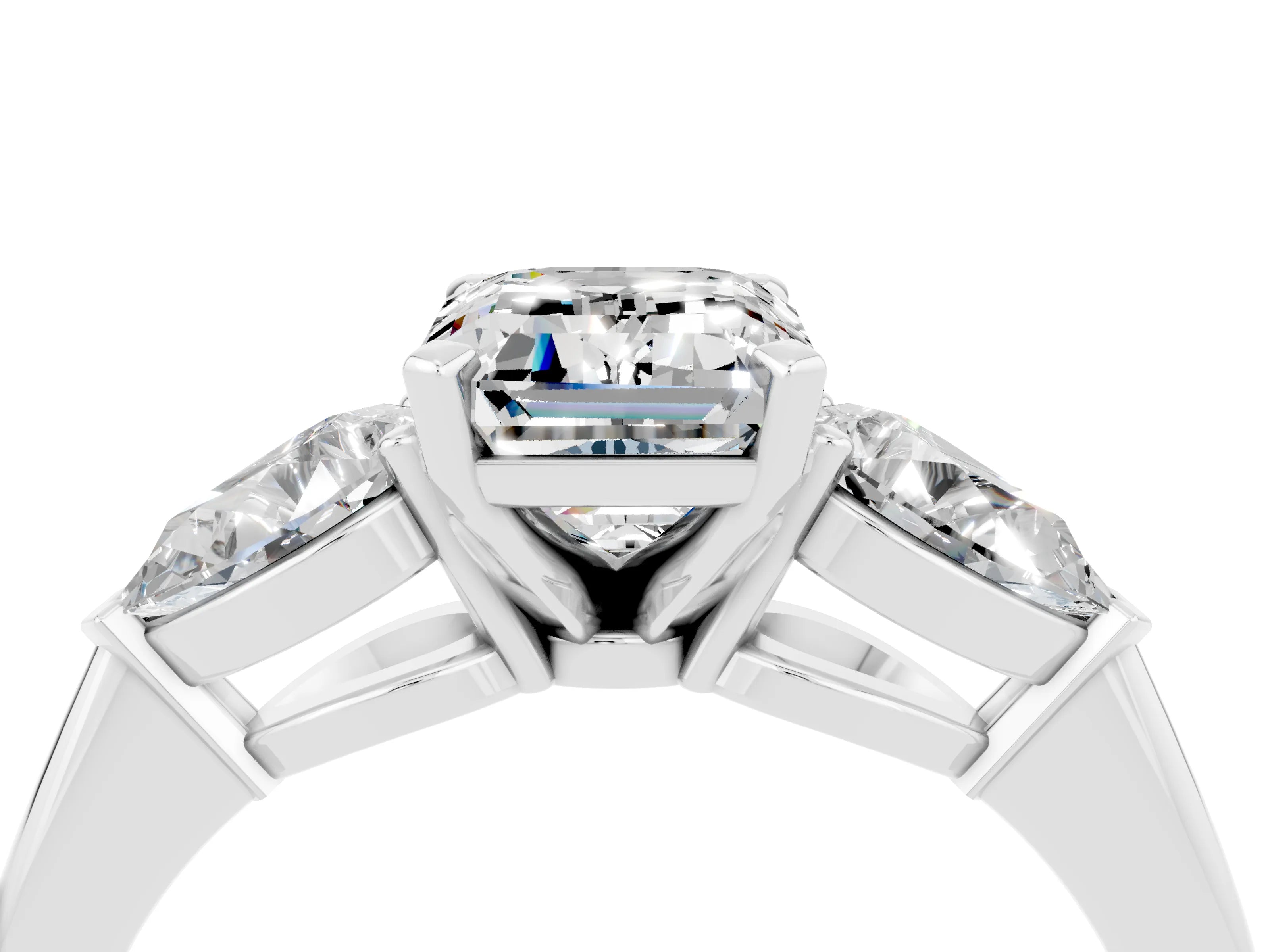 White gold Three-Stone Emerald Cut Moissanite Ring with Pear Side Stones and Four-Prong Setting_4