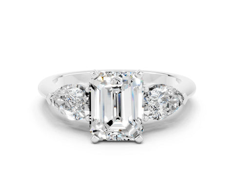 White gold Three-Stone Emerald Cut Moissanite Ring with Pear Side Stones and Four-Prong Setting