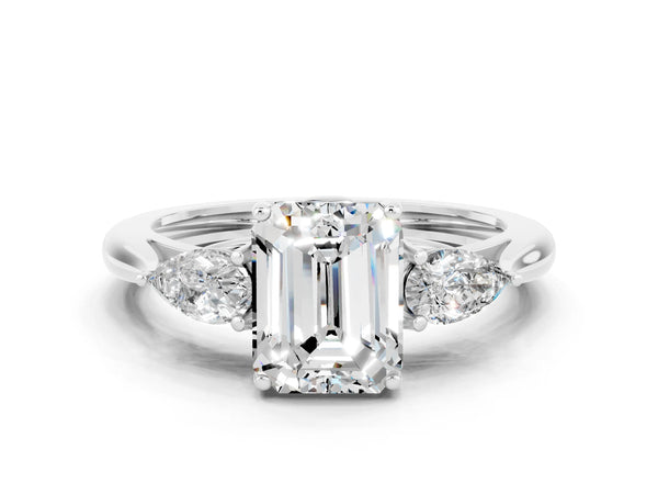 White gold Three-Stone Emerald Cut Moissanite Ring with Pear  Side Stones in Four-Prong Setting