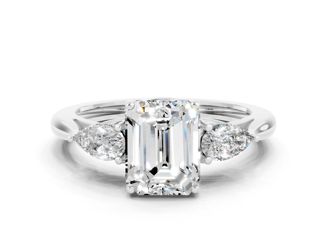 White gold Three-Stone Emerald Cut Moissanite Ring with Pear  Side Stones in Four-Prong Setting_12