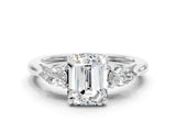White gold Three-Stone Emerald Cut Moissanite Ring with Pear  Side Stones in Four-Prong Setting_12