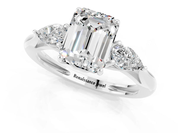White gold Three-Stone Emerald Cut Moissanite Ring with Pear  Side Stones in Four-Prong Setting