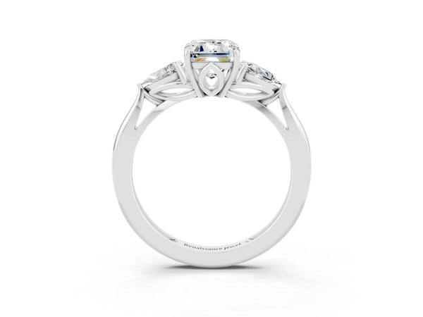 White gold Three-Stone Emerald Cut Moissanite Ring with Pear  Side Stones in Four-Prong Setting