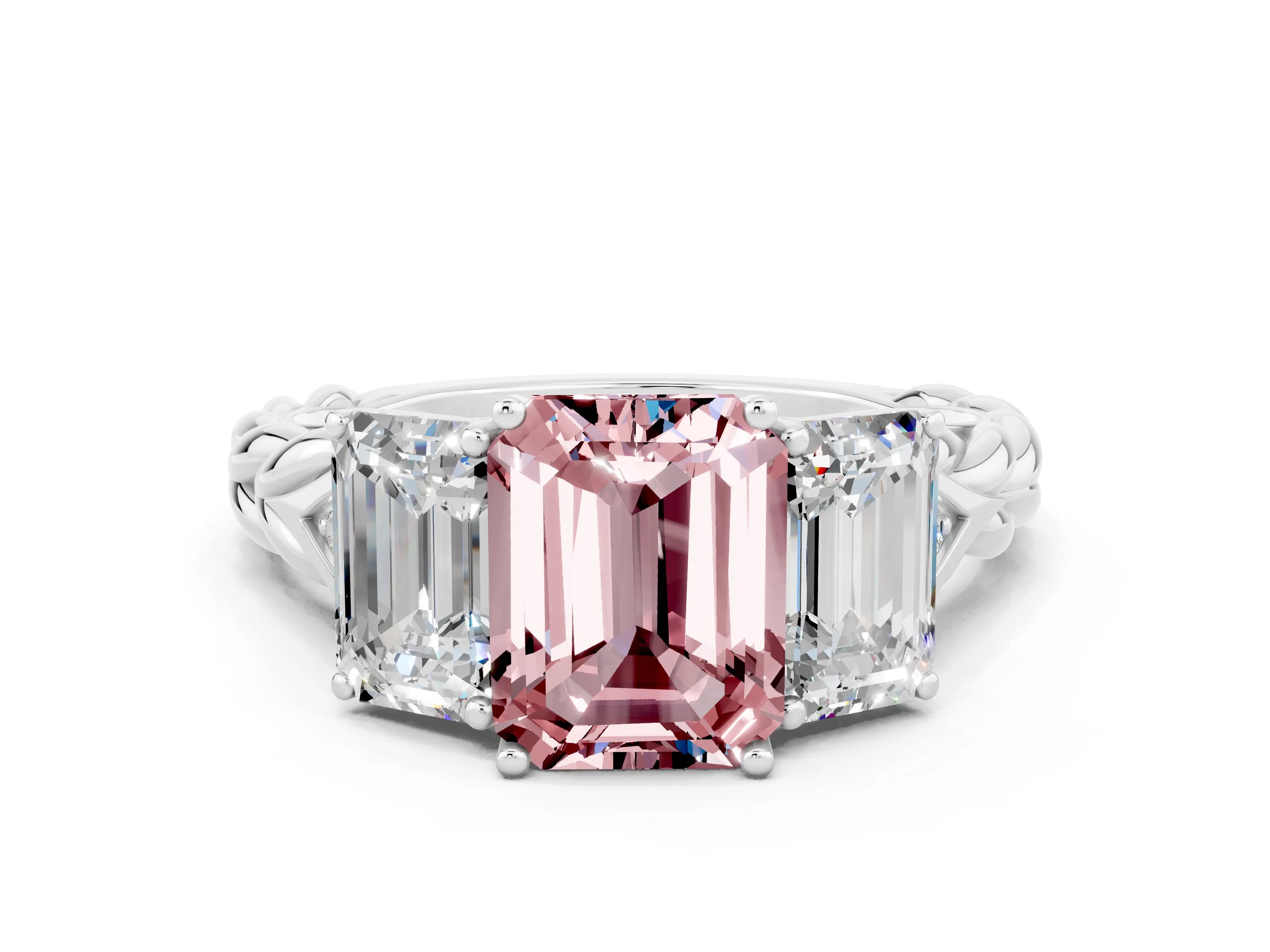 White gold Three-Stone Emerald Cut Morganite Braided Band Ring with Four-Prong Setting_36