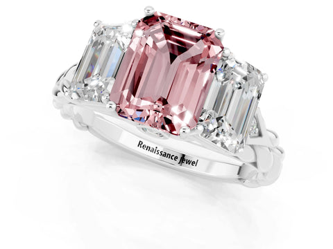 White gold Three-Stone Emerald Cut Morganite Braided Band Ring with Four-Prong Setting_37