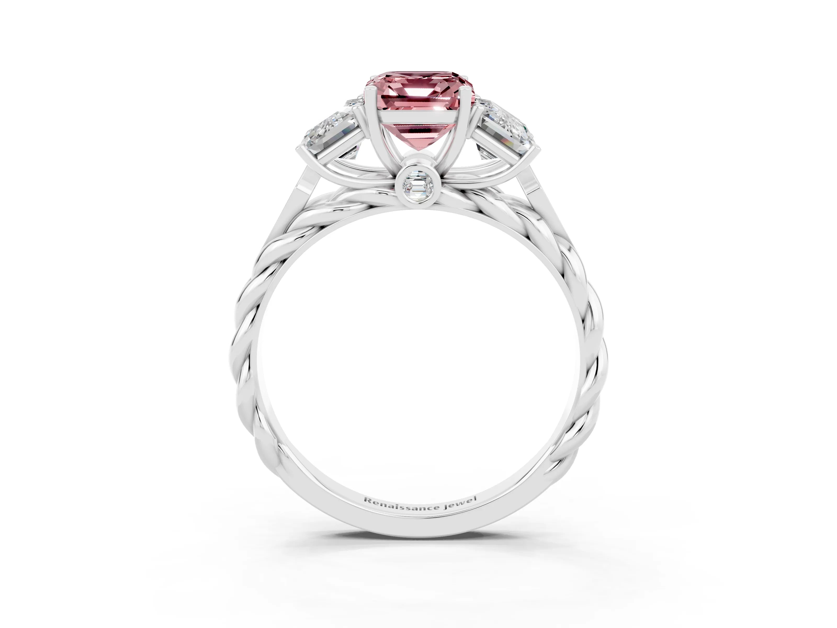 White gold Three-Stone Emerald Cut Morganite Braided Band Ring with Four-Prong Setting_39