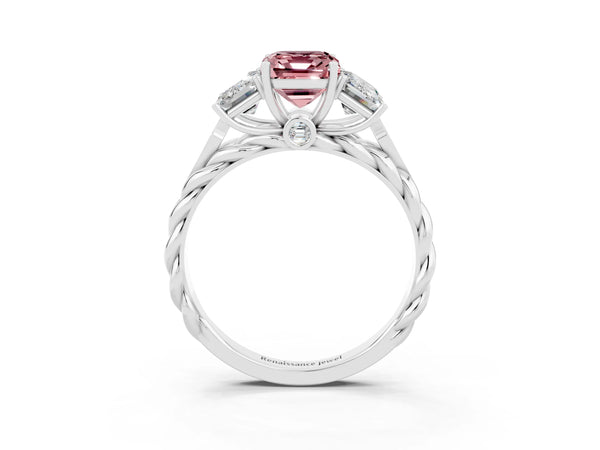 Platinum Three-Stone Emerald Cut Morganite Braided Band Ring with Four-Prong Setting