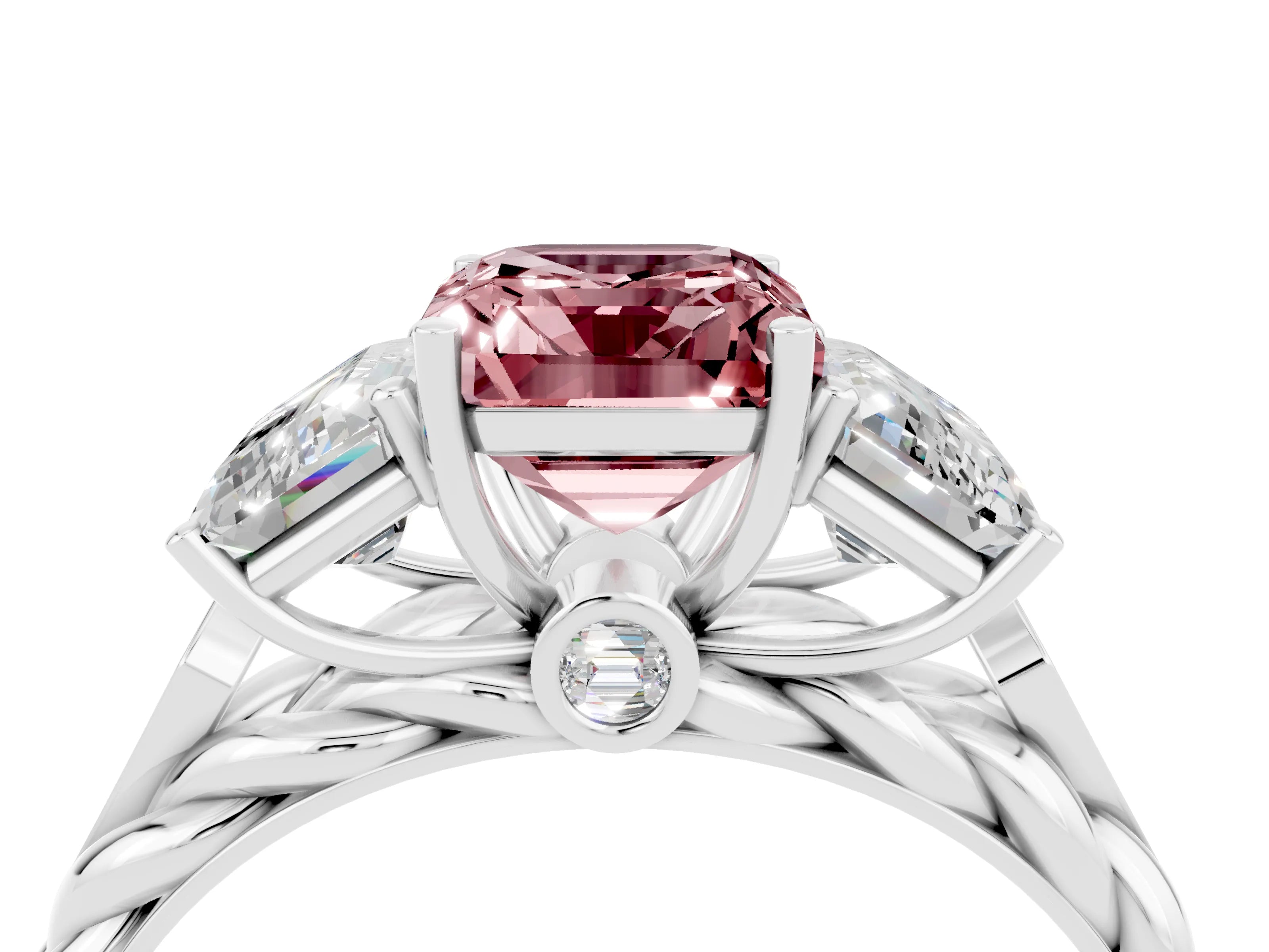 White gold Three-Stone Emerald Cut Morganite Braided Band Ring with Four-Prong Setting_40