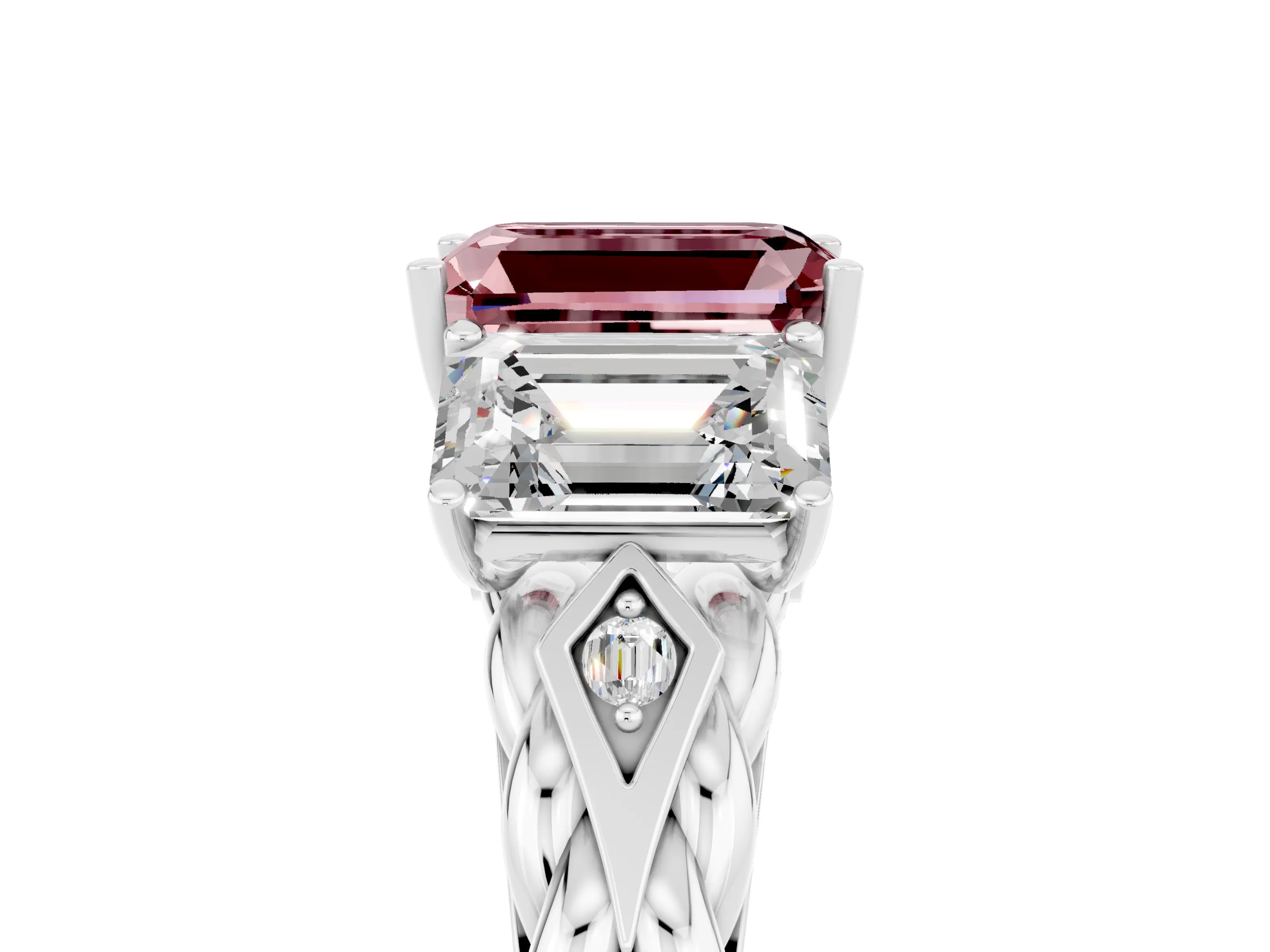 White gold Three-Stone Emerald Cut Morganite Braided Band Ring with Four-Prong Setting_41