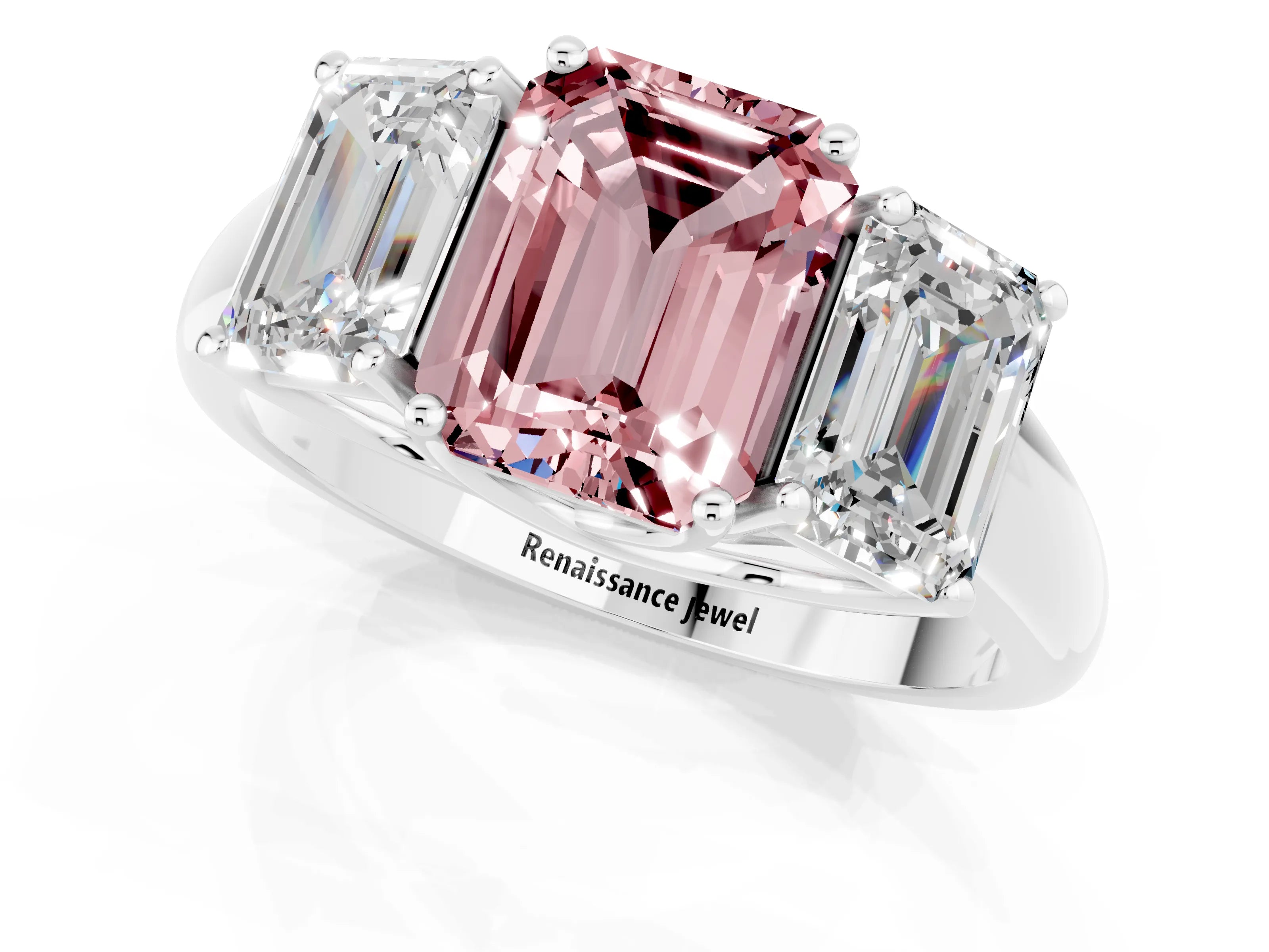 White gold Three-Stone Emerald Cut Morganite Engagement Ring with Prong Setting_1