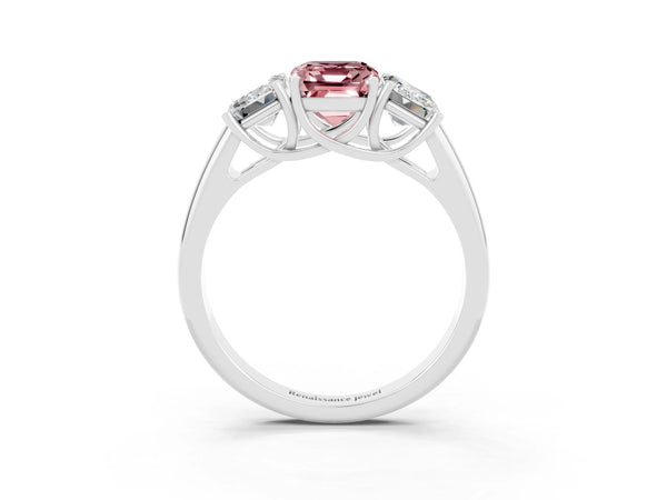 White gold Three-Stone Emerald Cut Morganite Engagement Ring with Prong Setting