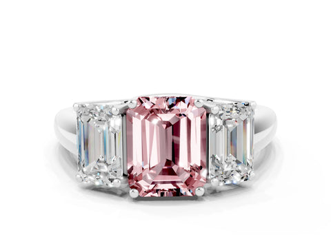 White gold Three-Stone Emerald Cut Morganite Engagement Ring with Prong Setting
