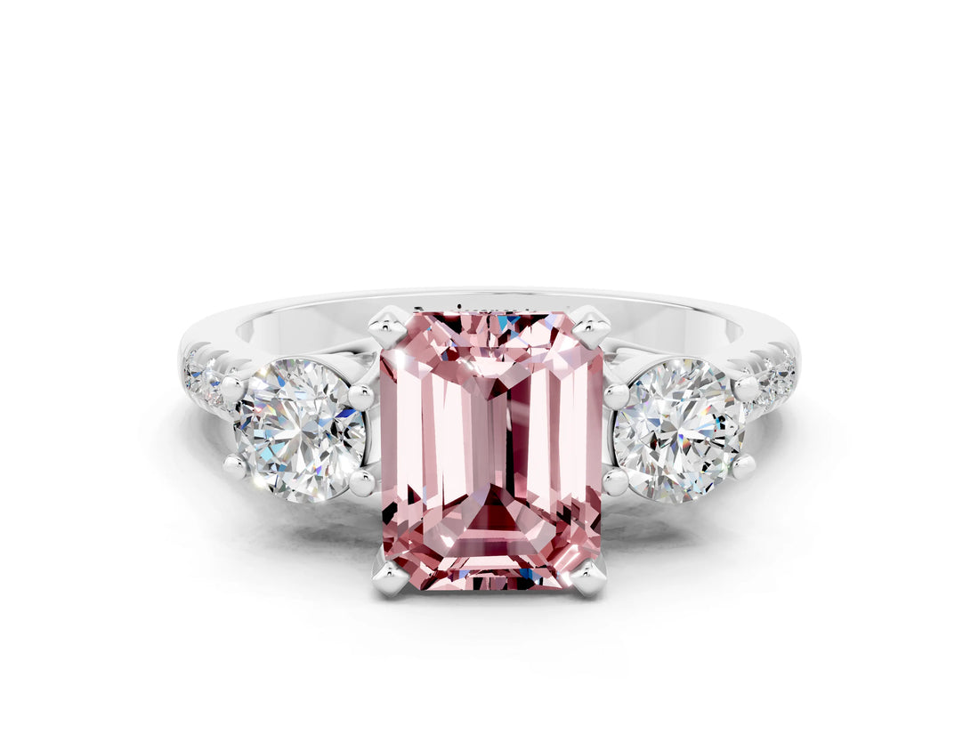 White gold Three-Stone Emerald Cut Morganite Pavé Band with Four-Prong Setting