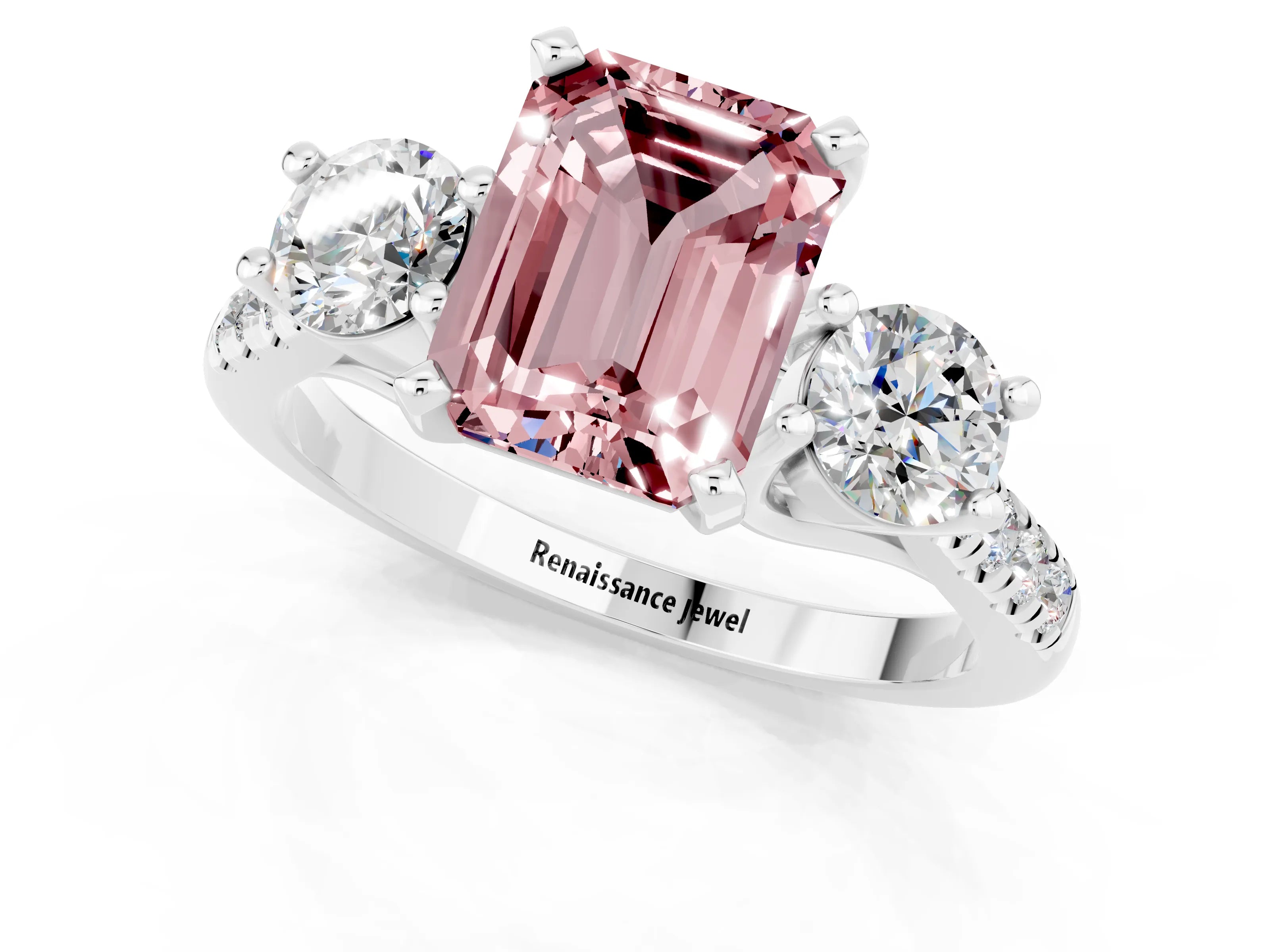 White gold Three-Stone Emerald Cut Morganite Pavé Band with Four-Prong Setting_1
