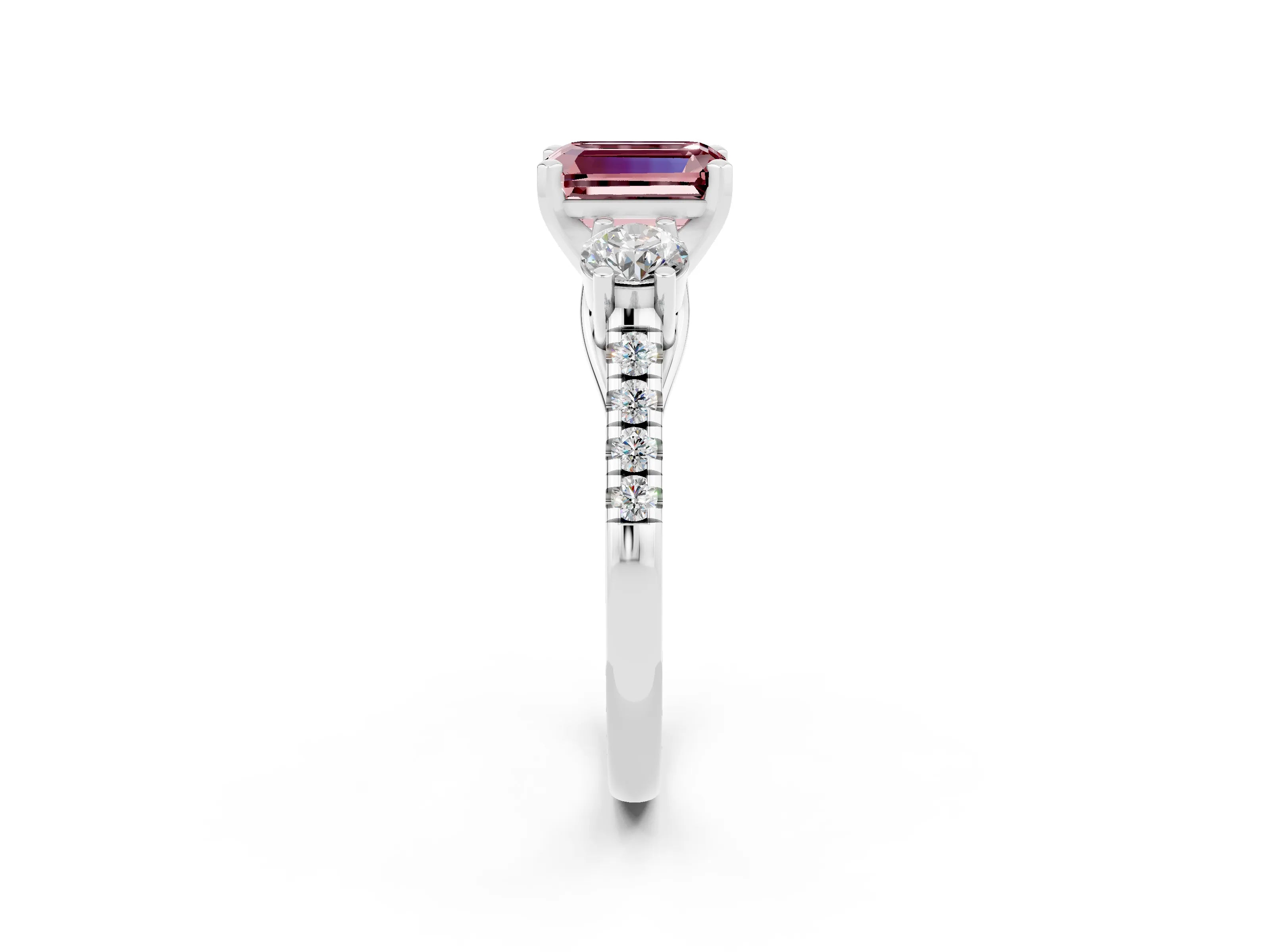 White gold Three-Stone Emerald Cut Morganite Pavé Band with Four-Prong Setting_2
