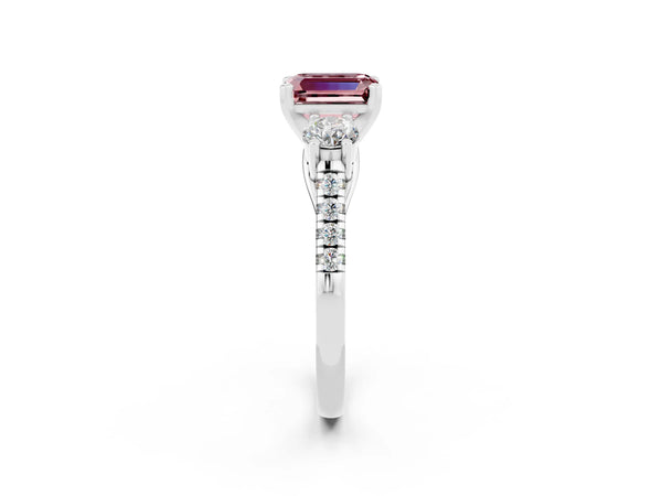 White gold Three-Stone Emerald Cut Morganite Pavé Band with Four-Prong Setting