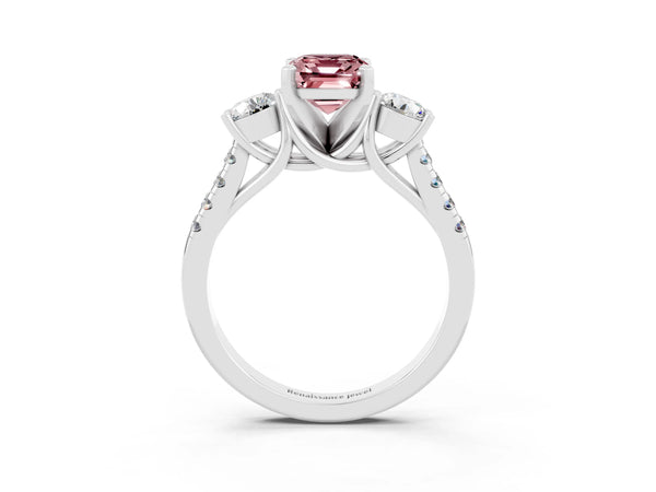 Platinum Three-Stone Emerald Cut Morganite Pavé Band with Four-Prong Setting