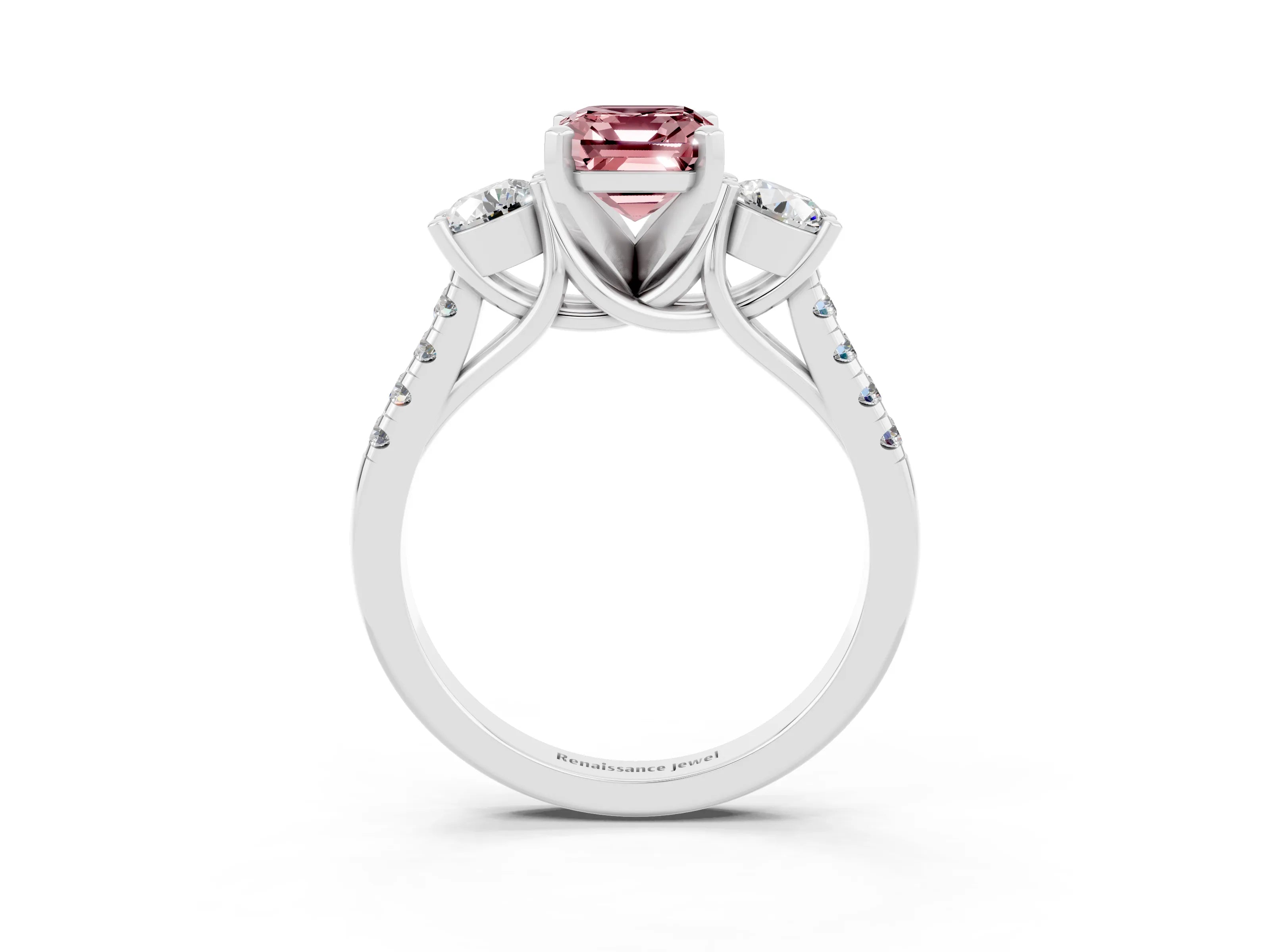 White gold Three-Stone Emerald Cut Morganite Pavé Band with Four-Prong Setting_3
