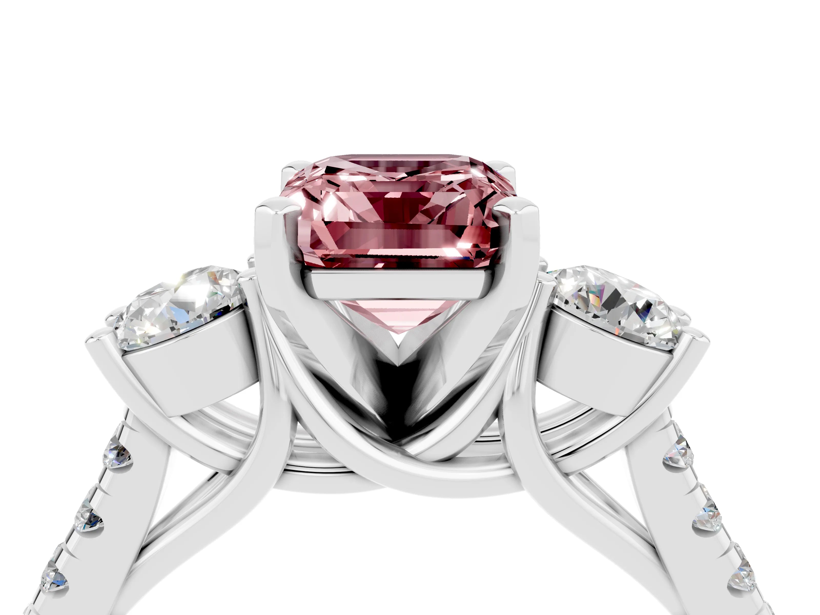 White gold Three-Stone Emerald Cut Morganite Pavé Band with Four-Prong Setting_4