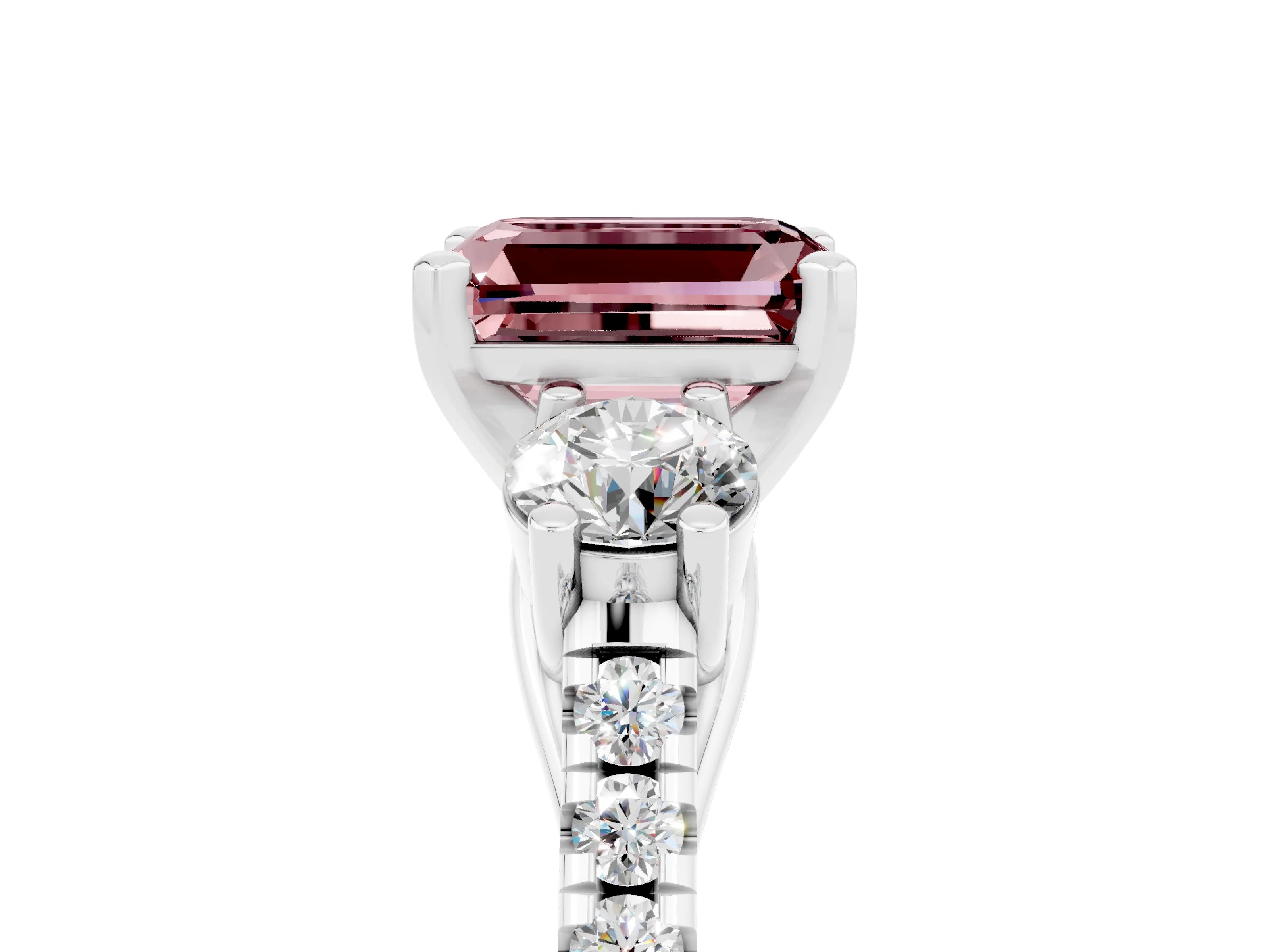 White gold Three-Stone Emerald Cut Morganite Pavé Band with Four-Prong Setting_5