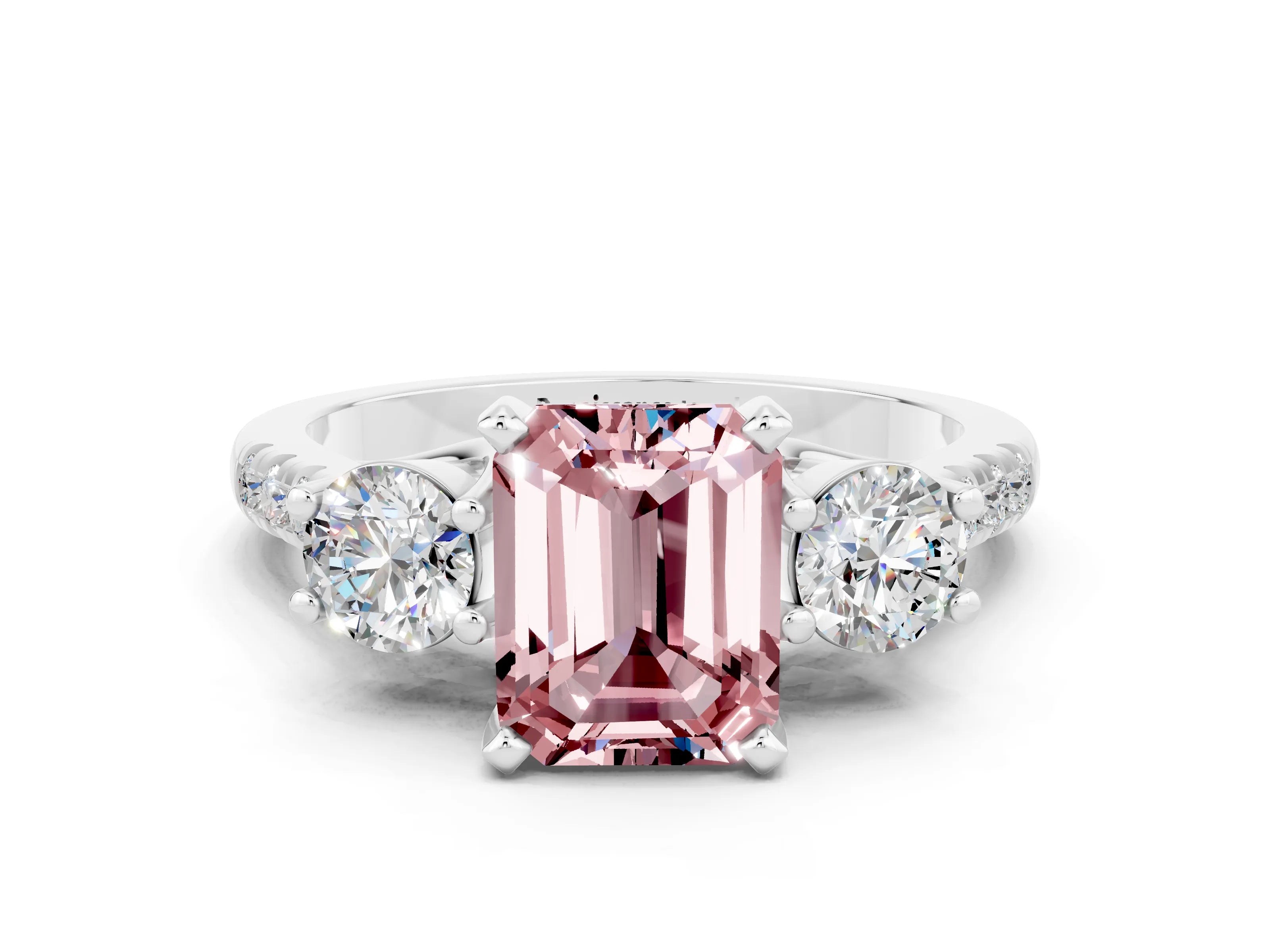 White gold Three-Stone Emerald Cut Morganite Pavé Band with Four-Prong Setting