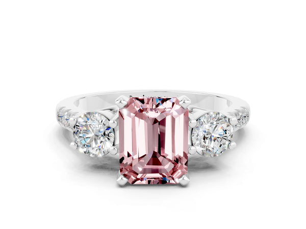 Silver Three-Stone Emerald Cut Morganite Pavé Band with Four-Prong Setting