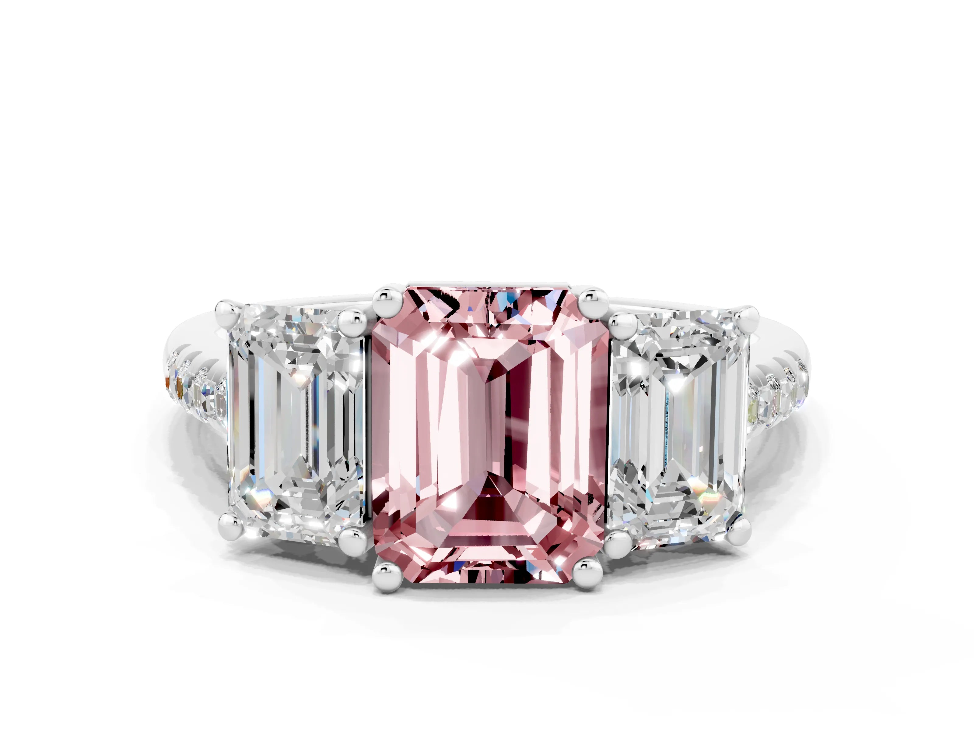 White gold Three-Stone Emerald Cut Morganite Ring with Pavé Band and Prong Setting_12