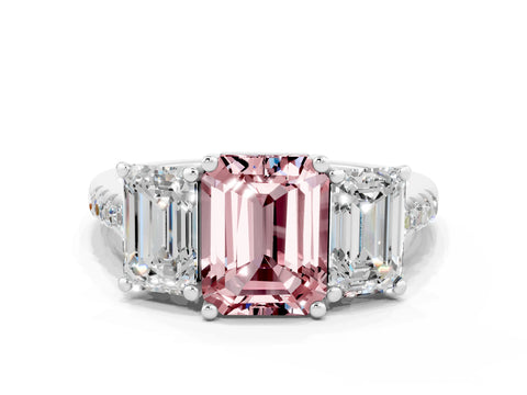 White gold Three-Stone Emerald Cut Morganite Ring with Pavé Band and Prong Setting_12