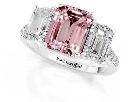 White gold Three-Stone Emerald Cut Morganite Ring with Pavé Band and Prong Setting_13