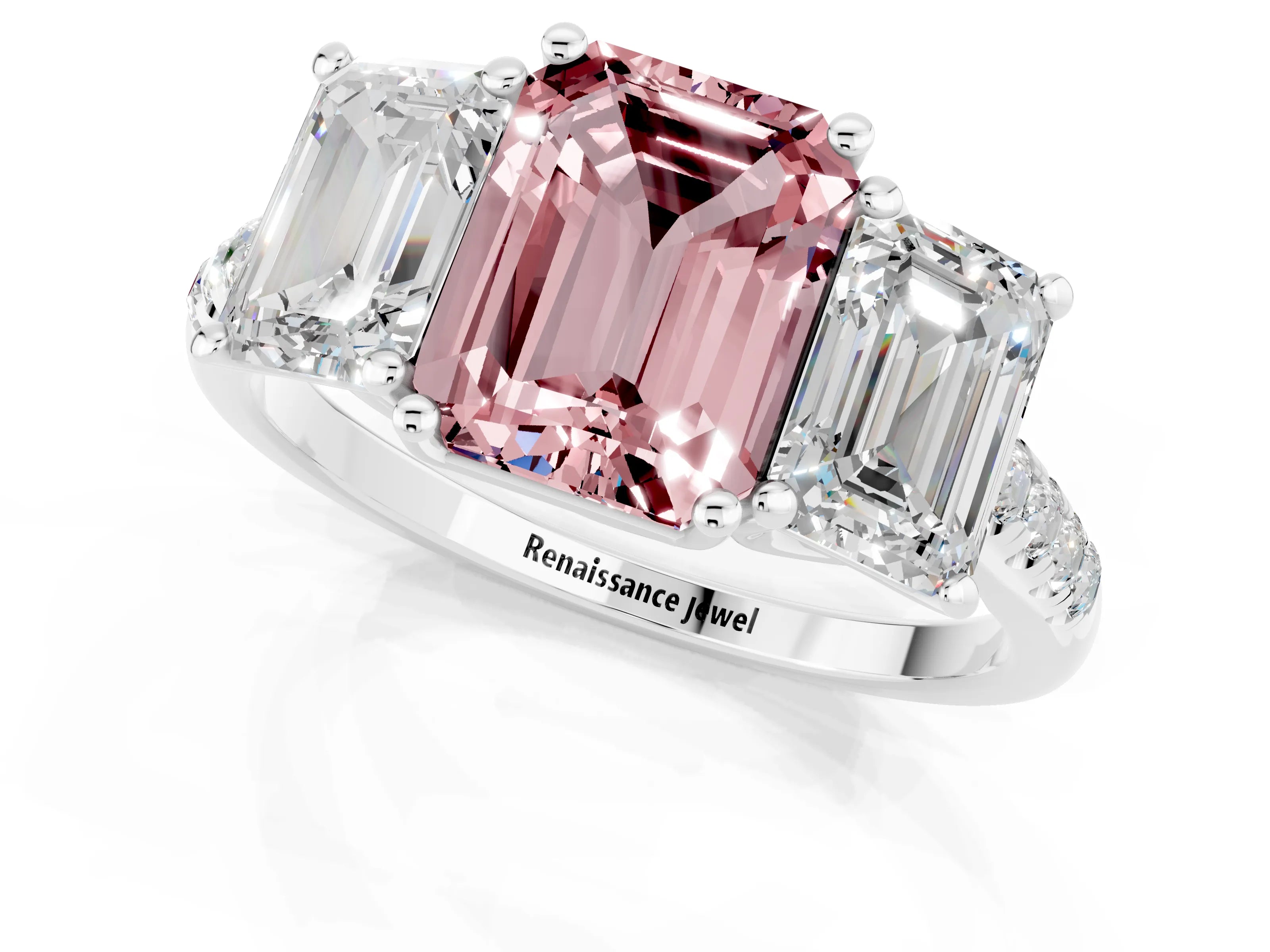 White gold Three-Stone Emerald Cut Morganite Ring with Pavé Band and Prong Setting_13
