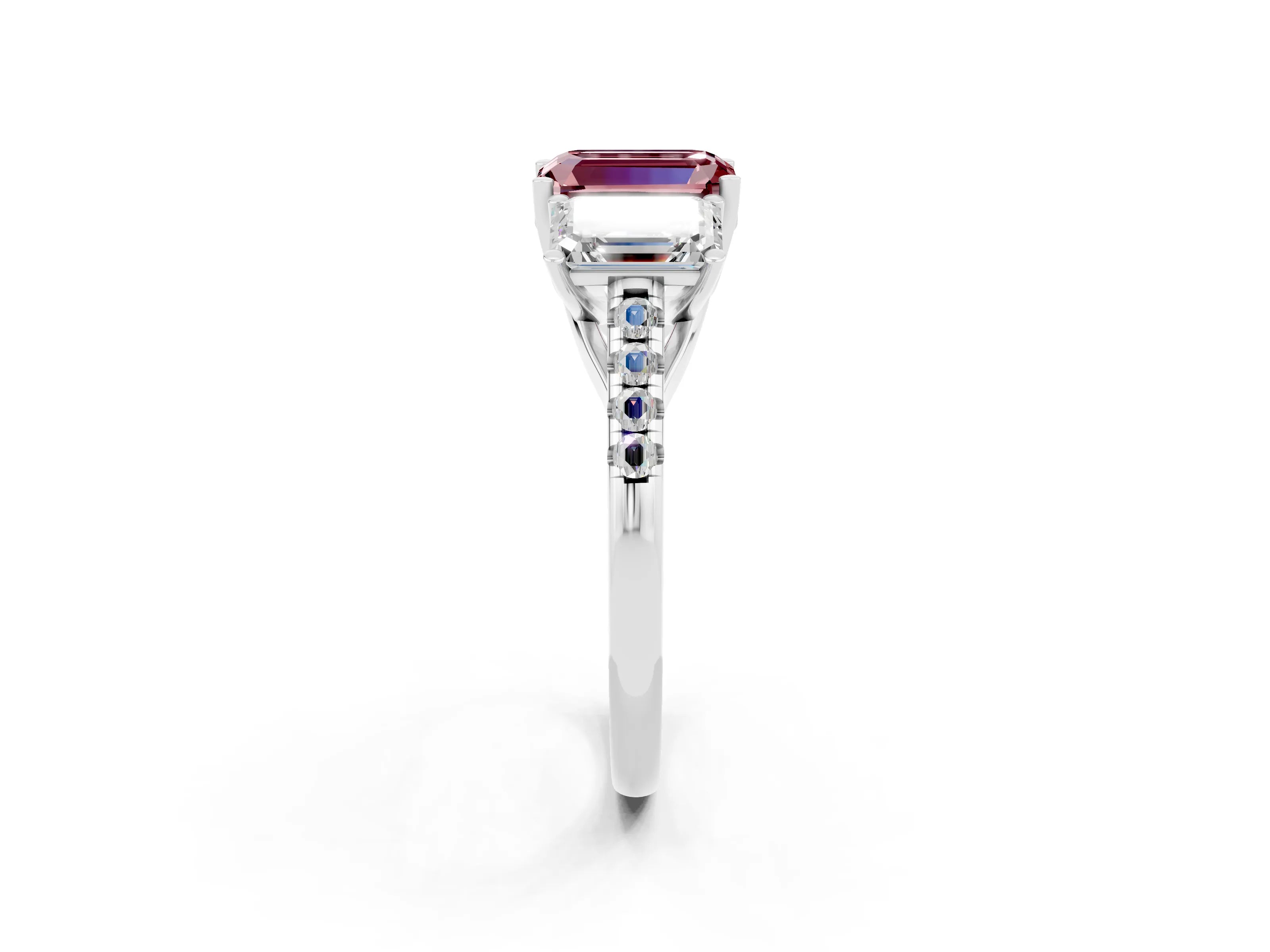 White gold Three-Stone Emerald Cut Morganite Ring with Pavé Band and Prong Setting_14