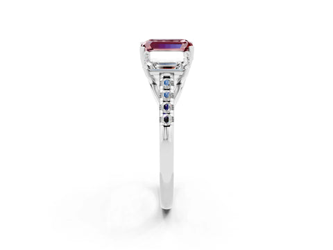 White gold Three-Stone Emerald Cut Morganite Ring with Pavé Band and Prong Setting_14