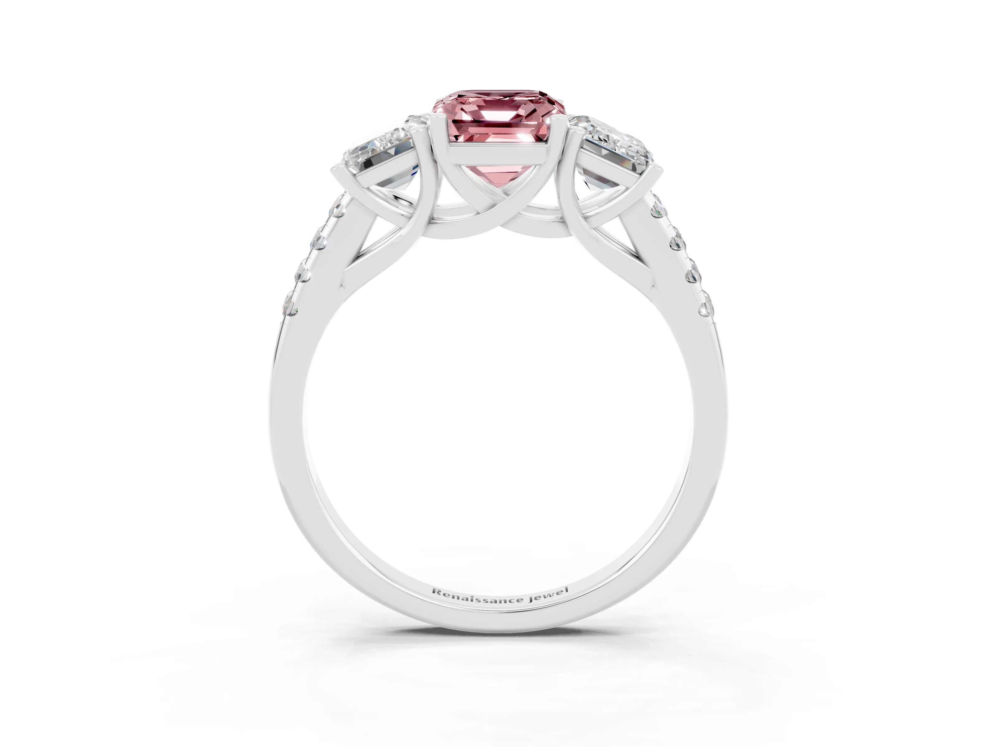 White gold Three-Stone Emerald Cut Morganite Ring with Pavé Band and Prong Setting_15