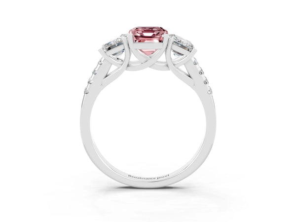 White gold Three-Stone Emerald Cut Morganite Ring with Round  Pavé Band and Prong Setting