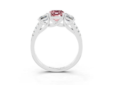 White gold Three-Stone Emerald Cut Morganite Ring with Pavé Band and Prong Setting_15