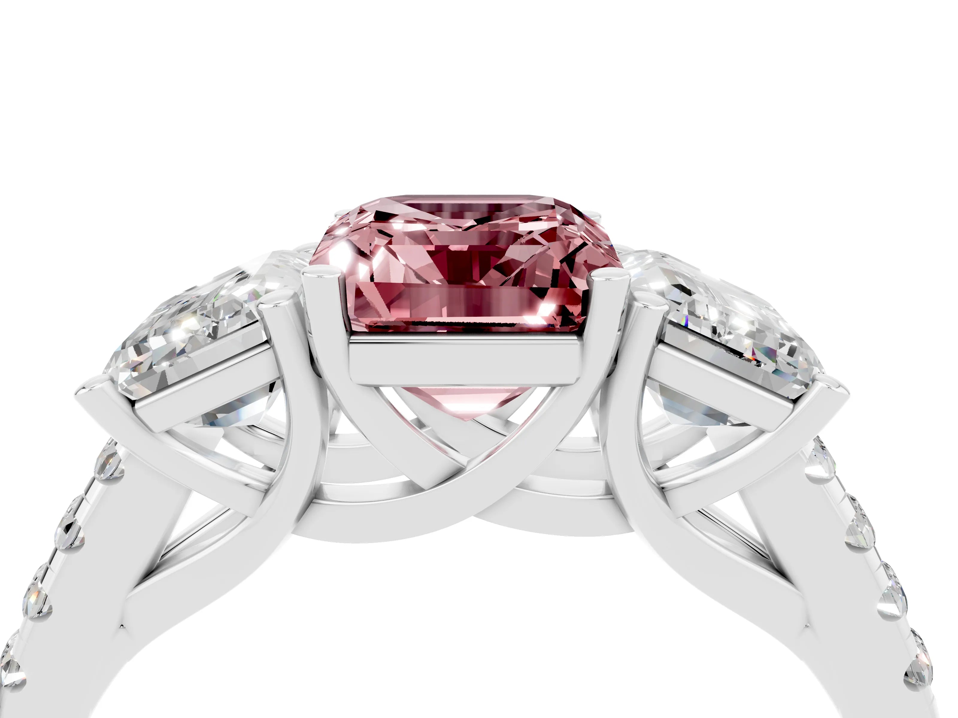 White gold Three-Stone Emerald Cut Morganite Ring with Pavé Band and Prong Setting_16