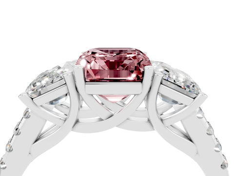 White gold Three-Stone Emerald Cut Morganite Ring with Pavé Band and Prong Setting_16