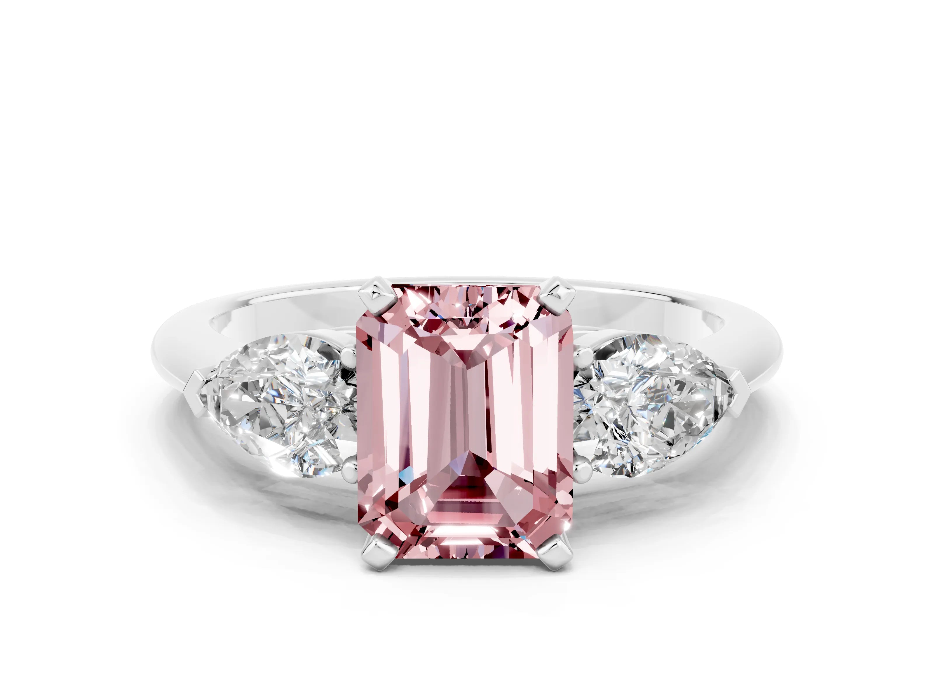 White gold Three-Stone Emerald Cut Morganite Ring with Pear Side Stones and Four-Prong Setting