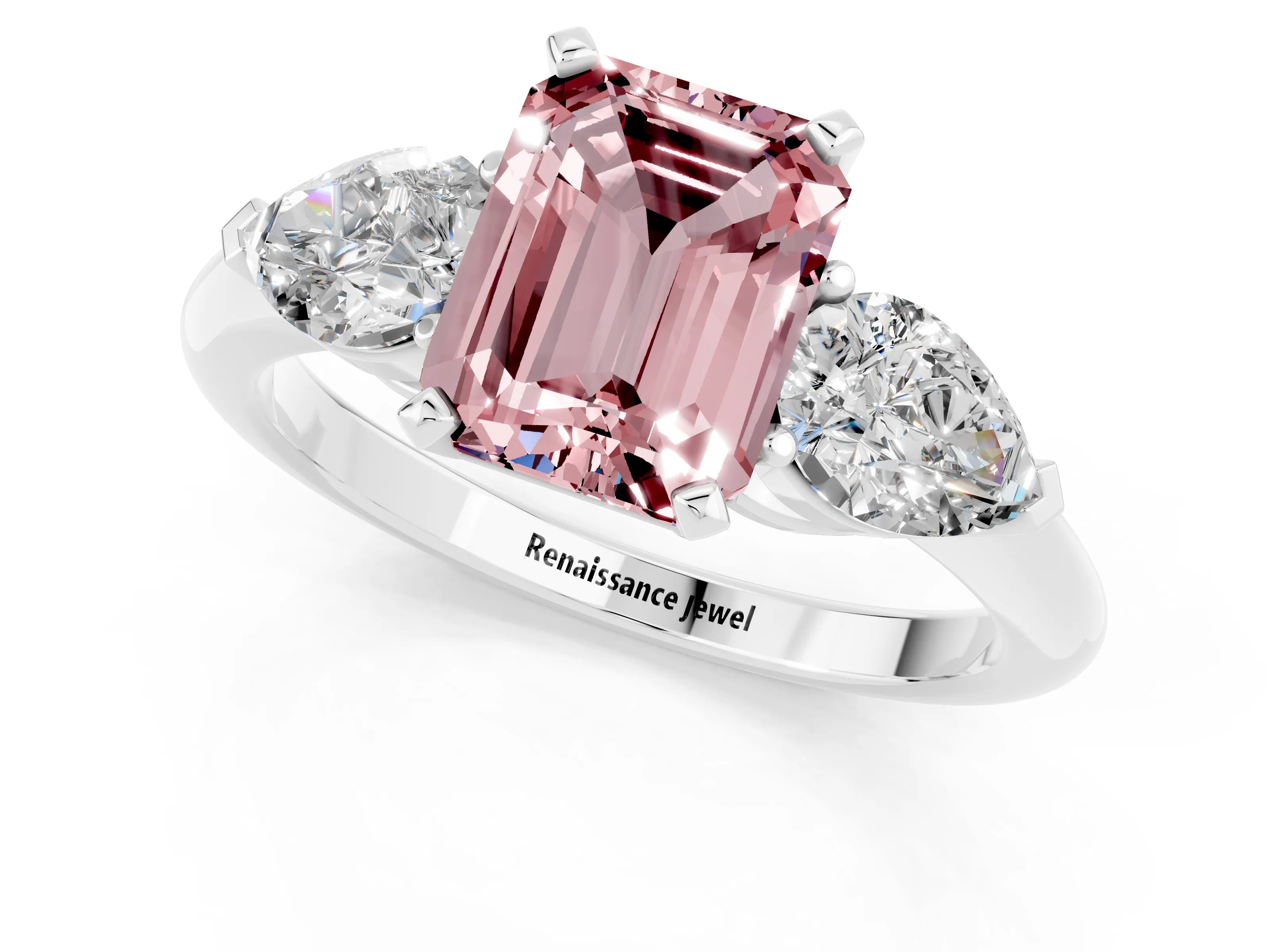 White gold Three-Stone Emerald Cut Morganite Ring with Pear Side Stones and Four-Prong Setting_1