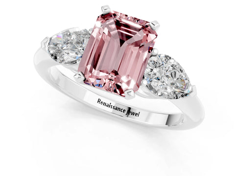 White gold Three-Stone Emerald Cut Morganite Ring with Pear Side Stones and Four-Prong Setting_1