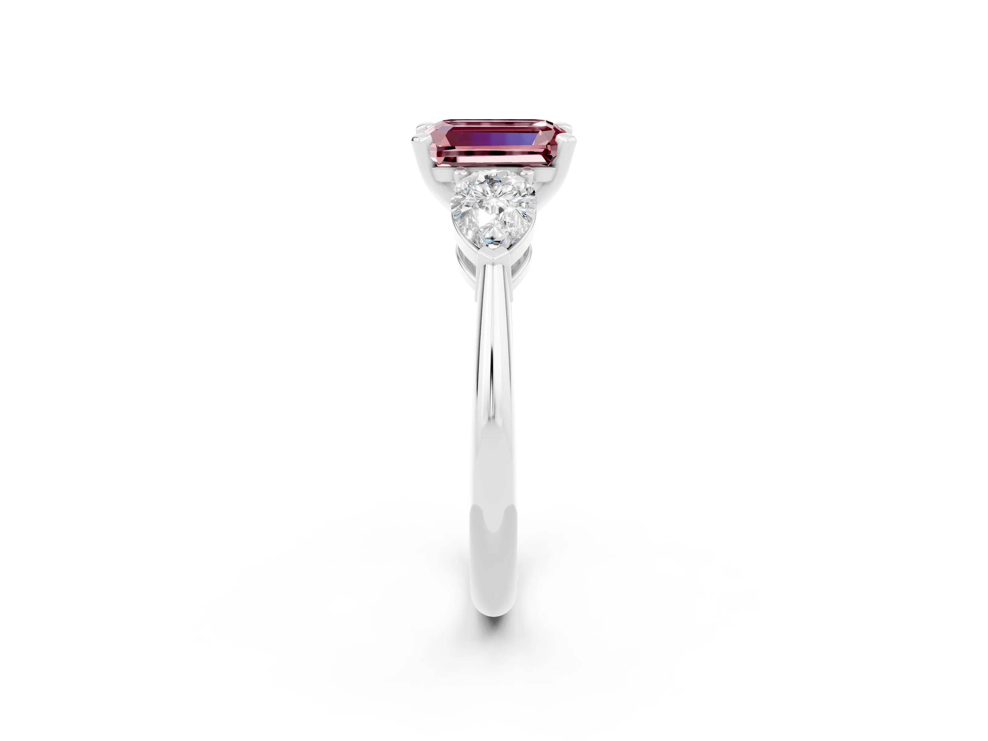 White gold Three-Stone Emerald Cut Morganite Ring with Pear Side Stones and Four-Prong Setting_2