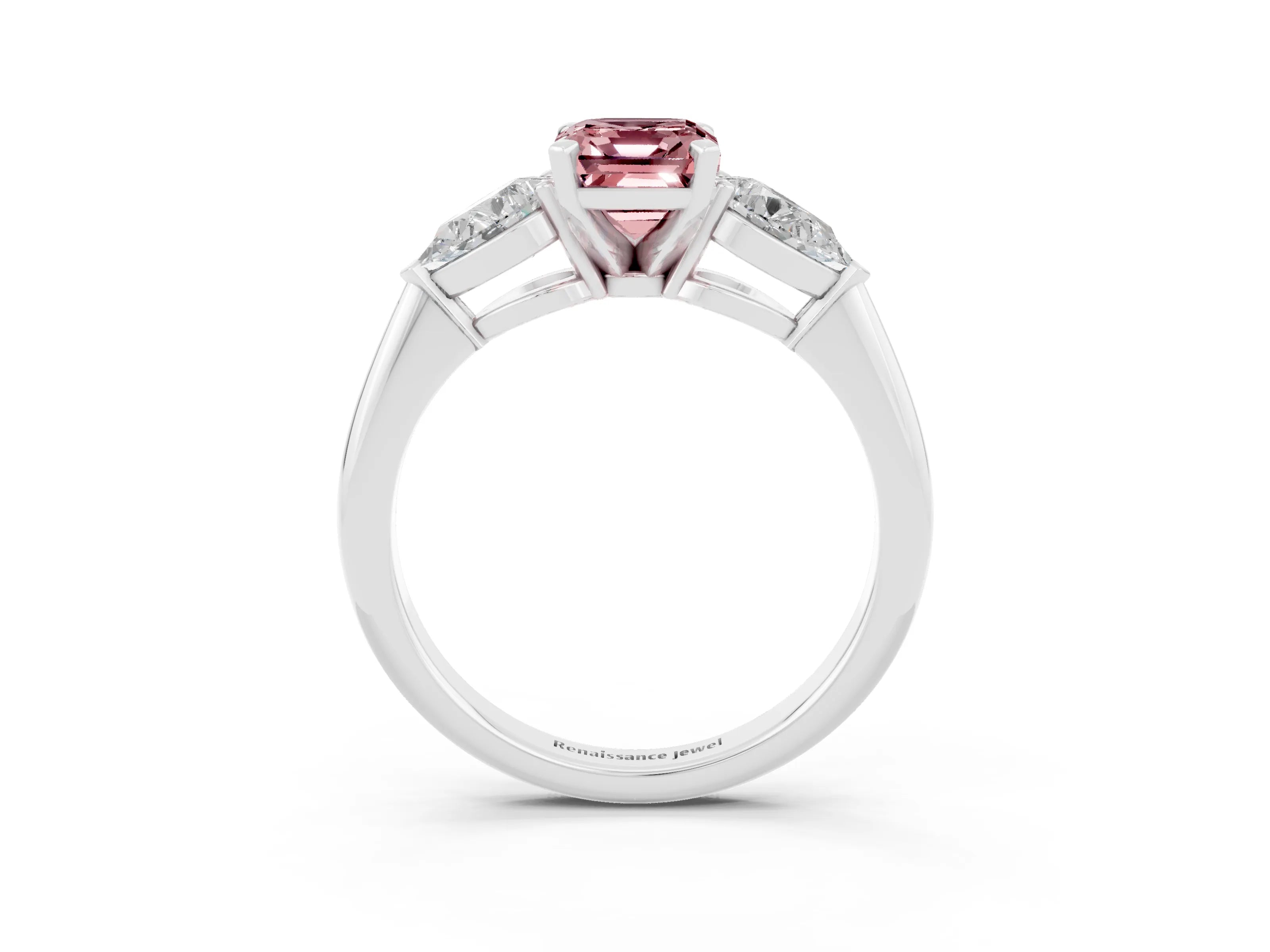 White gold Three-Stone Emerald Cut Morganite Ring with Pear Side Stones and Four-Prong Setting_3