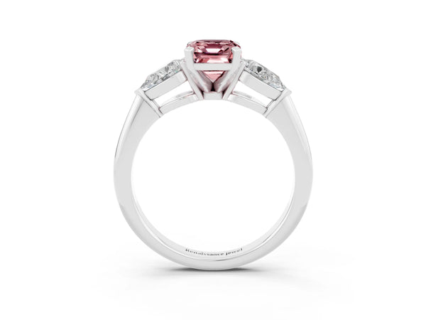 White gold Three-Stone Emerald Cut Morganite Ring with Pear Side Stones and Four-Prong Setting