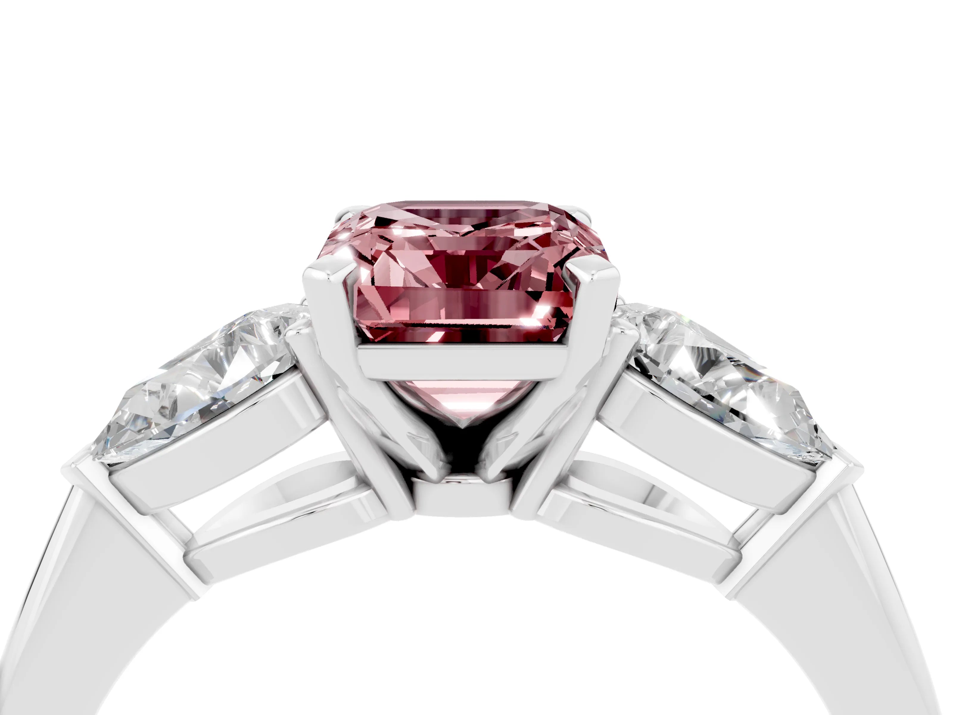 White gold Three-Stone Emerald Cut Morganite Ring with Pear Side Stones and Four-Prong Setting_4